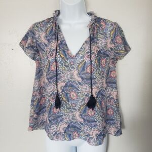 Ella Moss XS Short Sleeve Blouse Blue Pink Yellow Floral Mixed Pattern Top Shirt